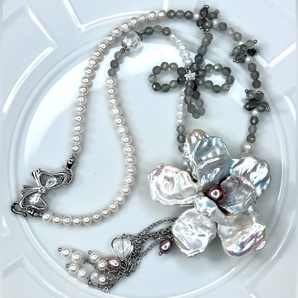Handmade Freshwater Huge Blue Keshi Pearl Flower Moonstone Clear Quartz Necklace